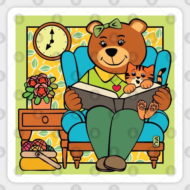 Maw Bear Reading to Cat Sticker by Sue Cervenka